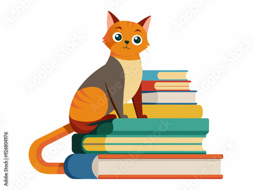 A  cat with bright orange eyes sits beside a stack of colorful books