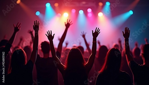 Energetic show moment with audience members as semi-silhouettes, raising their arms. Vibrant stage lights and playful shadows enhance depth of field, creating an immersive, lively atmosphere.