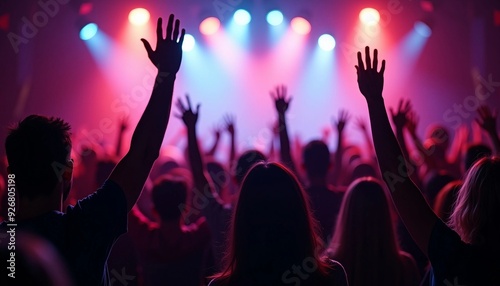 Energetic show moment with audience members as semi-silhouettes, raising their arms. Vibrant stage lights and playful shadows enhance depth of field, creating an immersive, lively atmosphere.