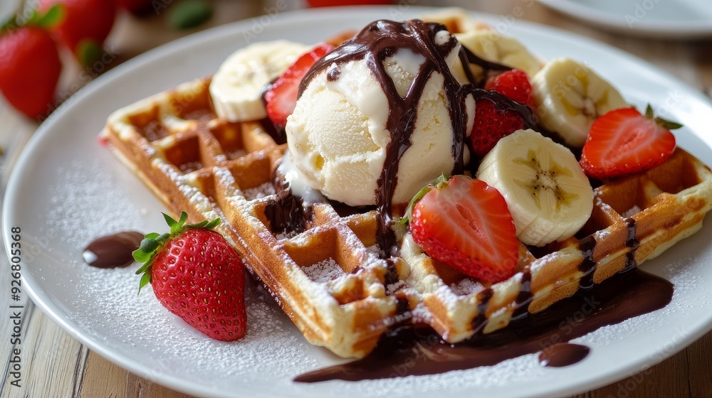 Belgian waffle on a white plate with strawberry and banana slices, ice cream, and chocolatte souse Belgian waffle on a white plate with strawberry and banana slices, ice cream, and chocolatte souse