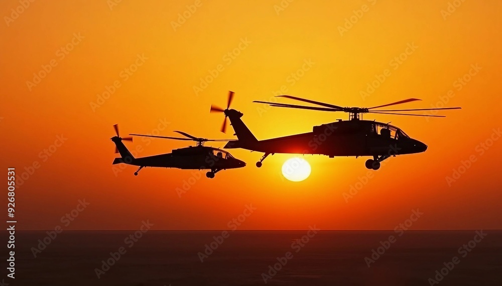 Two attack helicopters fly side by side against a glowing sunset backdrop.
Two attack helicopters fly side by side against a glowing sunset backdrop.