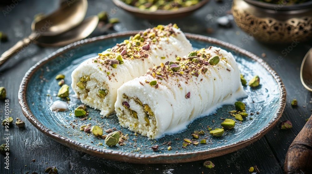 Customary ice cream in Turkey On a porcelain plate, maras with sliced pistachios, chocolate, milk, and pistachios Customary ice cream in Turkey On a porcelain plate, maras with sliced pistachios, chocolate, milk, and pistachios