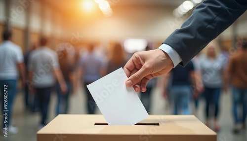 A hand deposits a voting ballot into a ballot box, captured with a shallow depth of field that blurs the busy polling place in the background.