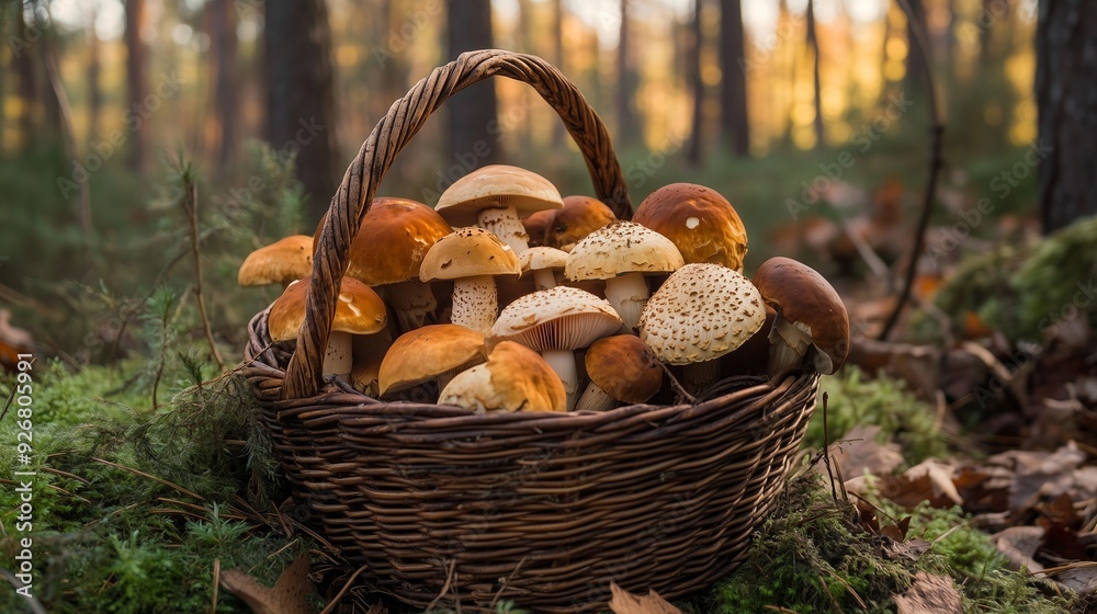 Basket with mushrooms in autumn forest Basket with mushrooms in autumn forest