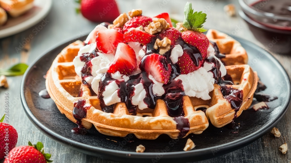whole wheat Horizontal shot of Belgian waffles garnished with walnuts, whipped cream, boysenberry syrup, and freshly chopped strawberries. Belgian waffles topped with strawberries and chocolate sauce whole wheat Horizontal shot of Belgian waffles garnished with walnuts, whipped cream, boysenberry syrup, and freshly chopped strawberries. Belgian waffles topped with strawberries and chocolate sauce