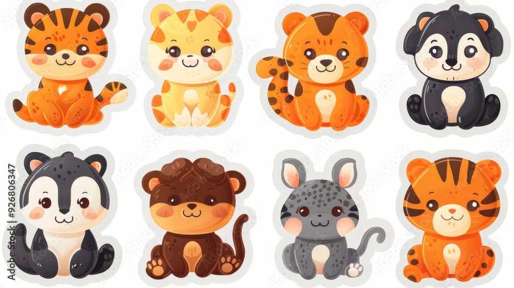 Cute wild woodland baby animal faces in pastel color vector illustration. Baby shower and nursery art animal set including a bear, tiger, lion, rabbit, giraffe Cute wild woodland baby animal faces in pastel color vector illustration. Baby shower and nursery art animal set including a bear, tiger, lion, rabbit, giraffe