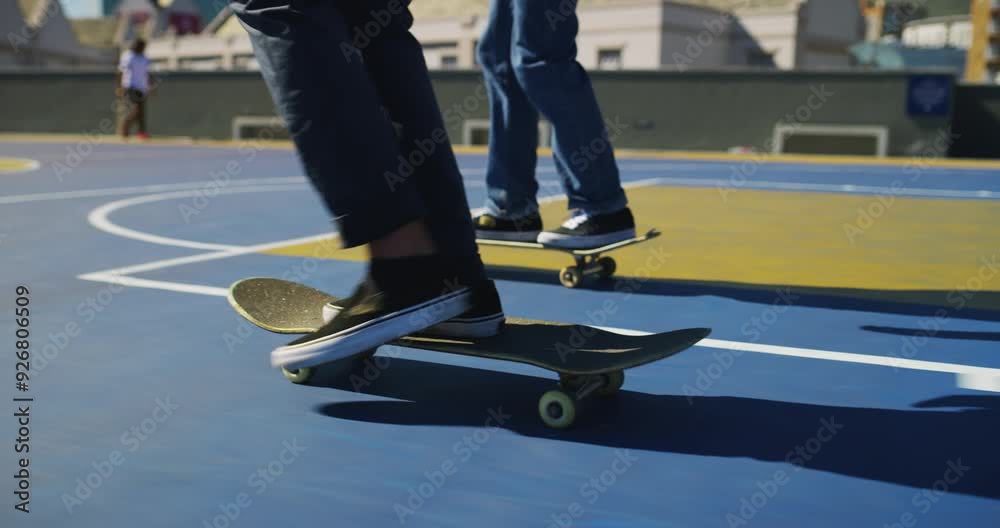 Men, skate and feet on skateboard in park, outdoor or training stunt together with friends. People, skating and sneakers riding on board for exercise, sport and balance trick in skateboarding