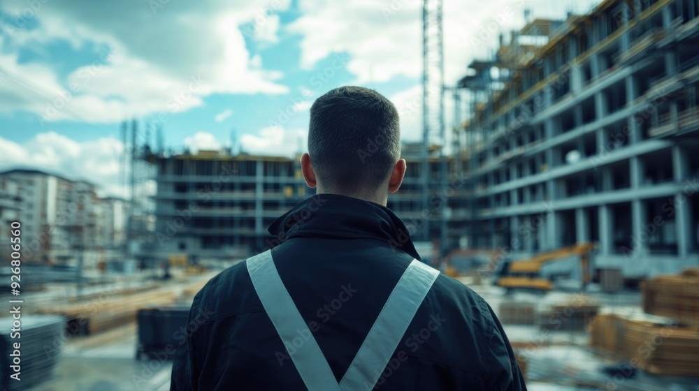 A man in a black jacket looking at the construction site, AI A man in a black jacket looking at the construction site, AI