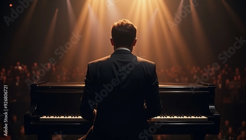 Back view of a pianist on stage, spotlighted against a blurred background, creating dramatic shadows.