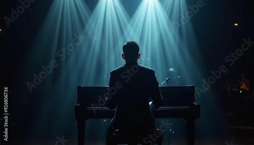 Back view of a pianist on stage, spotlighted against a blurred background, creating dramatic shadows. photo