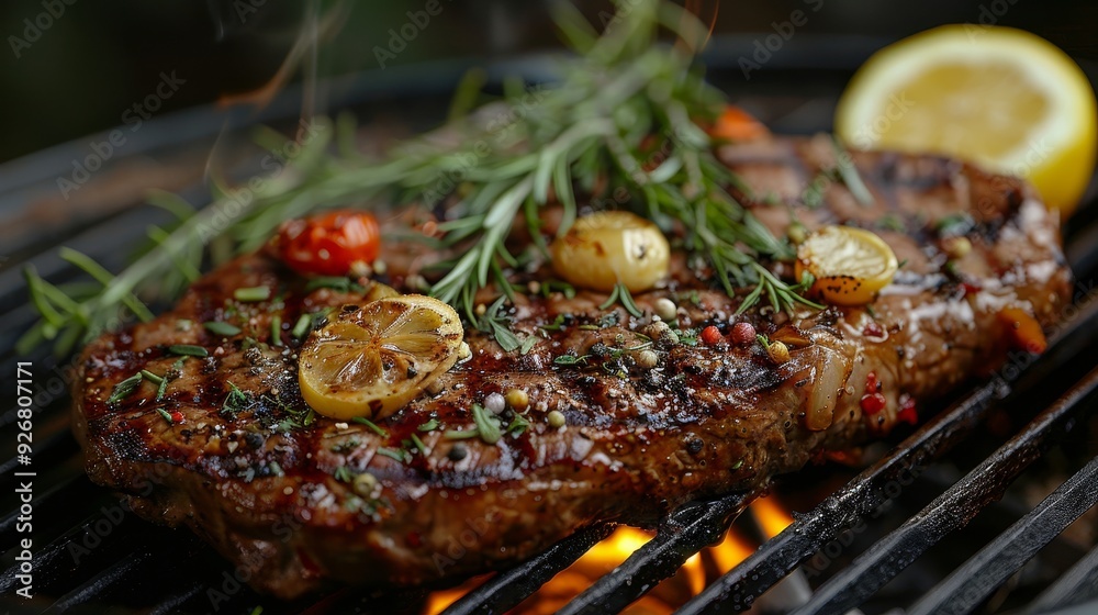 Delicious Grilled Steak with Lemon and Rosemary on Barbecue Grill, Close-up, Summer Party Food.