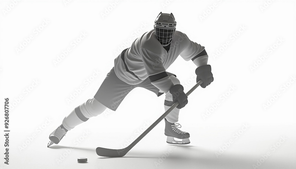Fototapeta premium Strong silhouette of a hockey player on a white background, with subtle shadow play to highlight shape and form. Simple, versatile composition allows easy text addition.