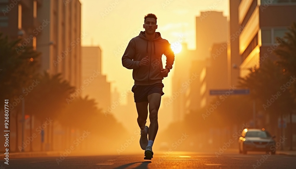 A misty sunrise frames a muscular man running in shorts and a hoodie. Soft light and quiet streets create a dreamlike atmosphere.
A misty sunrise frames a muscular man running in shorts and a hoodie. Soft light and quiet streets create a dreamlike atmosphere.