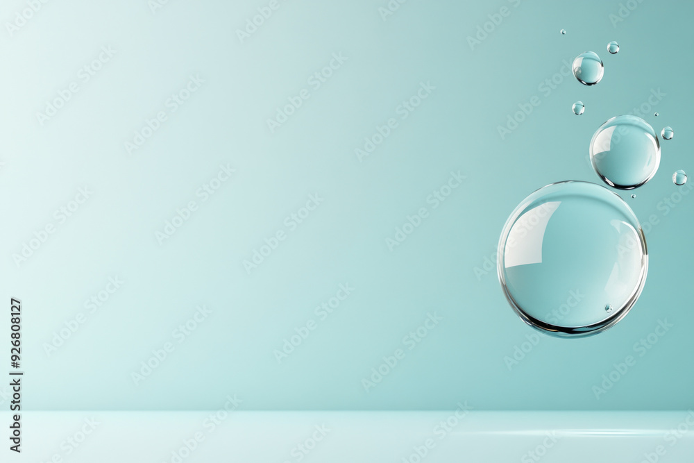 Floating Clear Water Bubbles on Light Blue Background Floating Clear Water Bubbles on Light Blue Background