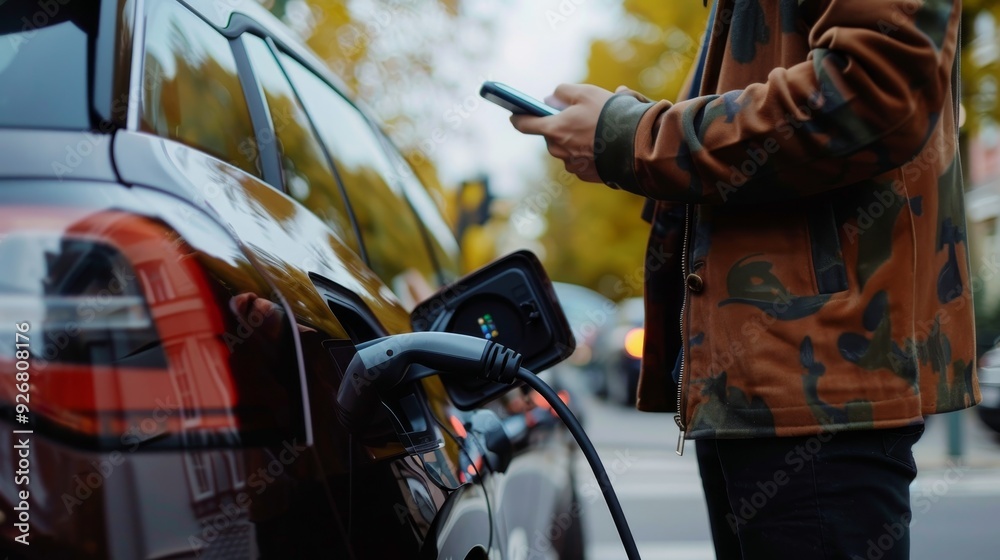 Closeup of man using smartphone at electric car charging station, technology and environment concept Closeup of man using smartphone at electric car charging station, technology and environment concept