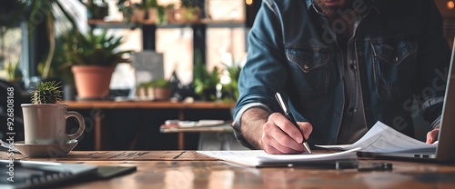 A man's hand signing a document on a wooden table. The man is wearing a blue denim shirt. There is a cactus in a pot, a cup, and a laptop on the table.