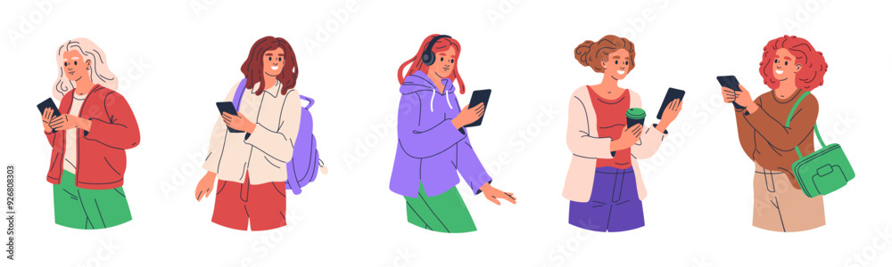Women using smartphones. Girls chatting or surfing internet, female characters texting or watching video on gadgets flat vector illustration set. People using smartphones Women using smartphones. Girls chatting or surfing internet, female characters texting or watching video on gadgets flat vector illustration set. People using smartphones