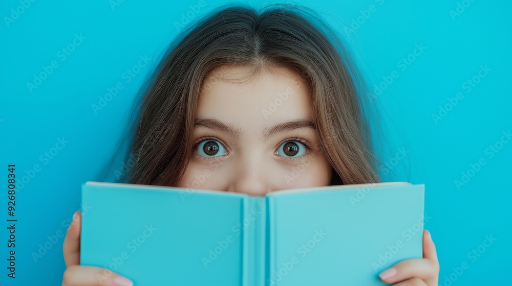 portrait of cheerful charming lovely clever girl peek out book materials hello isolated on blue color background portrait of cheerful charming lovely clever girl peek out book materials hello isolated on blue color background