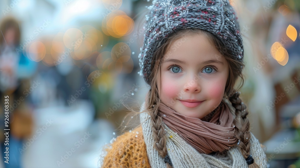 Portrait of joyful little girl with beanie hat and scarf smiling outdoors, winter holidays concept. Portrait of joyful little girl with beanie hat and scarf smiling outdoors, winter holidays concept.