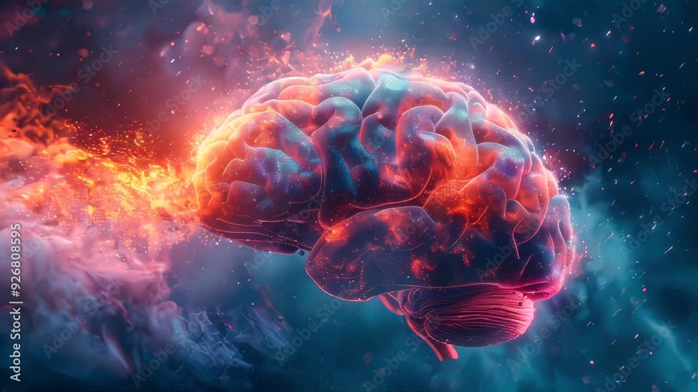 A colorful brain with a rainbow of hues, appearing wet and dripping with water droplets A colorful brain with a rainbow of hues, appearing wet and dripping with water droplets
