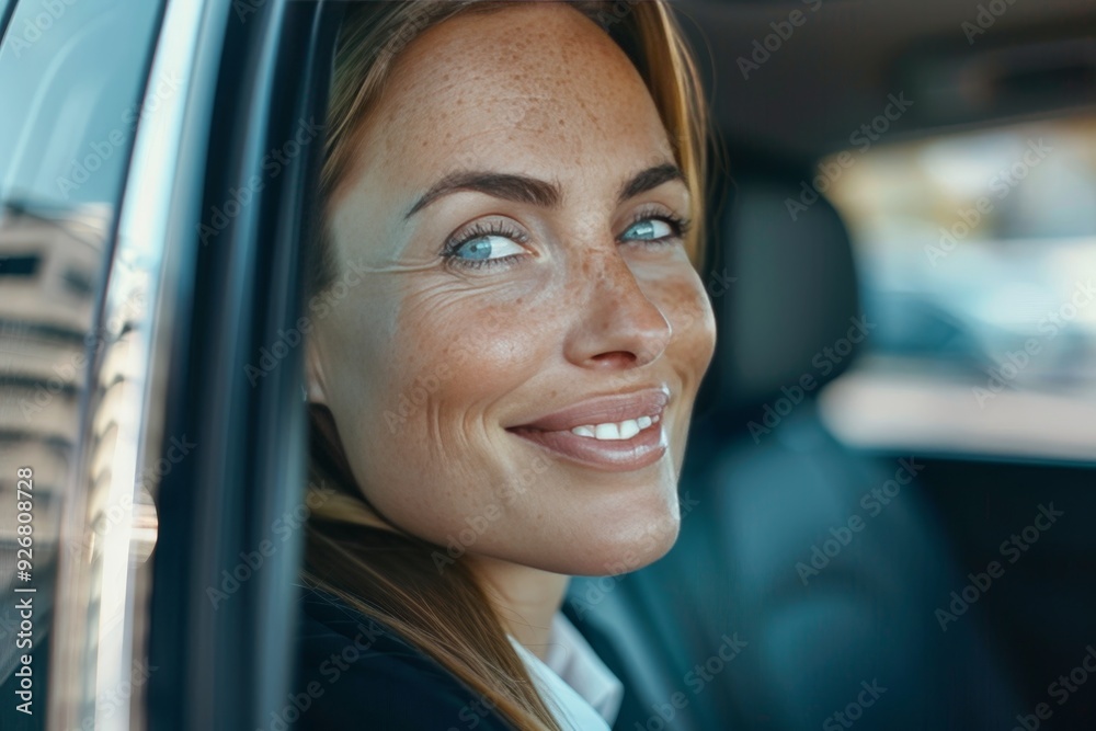 Cheerful female ceo smiling through car window on a productive business trip for enhanced success Cheerful female ceo smiling through car window on a productive business trip for enhanced success