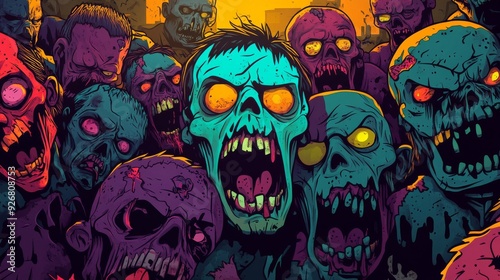 Zombies screaming in fear with vibrant colors and dark background – Halloween comic book style