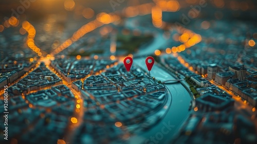 Two Red Location Pins In Busy Evening City Center During Twilight. Bokeh Light Effect. photo