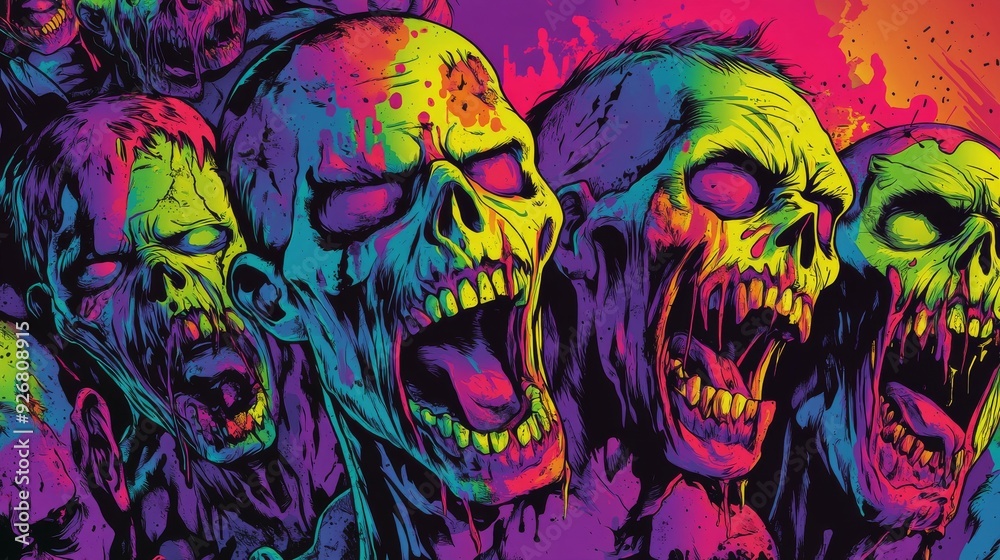 Zombies screaming in fear with vibrant colors and dark background – Halloween comic book style Zombies screaming in fear with vibrant colors and dark background – Halloween comic book style