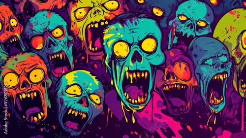 Zombies screaming in fear with vibrant colors and dark background – Halloween comic book style