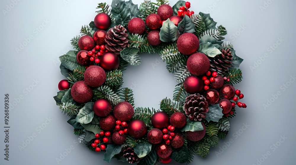 Christmas Wreath With Red Baubles And Pinecones On Grey Background, Holiday Decoration, Copy Space Christmas Wreath With Red Baubles And Pinecones On Grey Background, Holiday Decoration, Copy Space