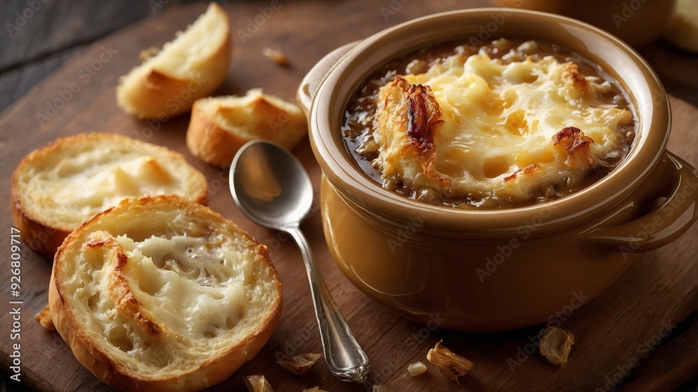 Close-Up of French Onion Soup with Melted Cheese Close-Up of French Onion Soup with Melted Cheese