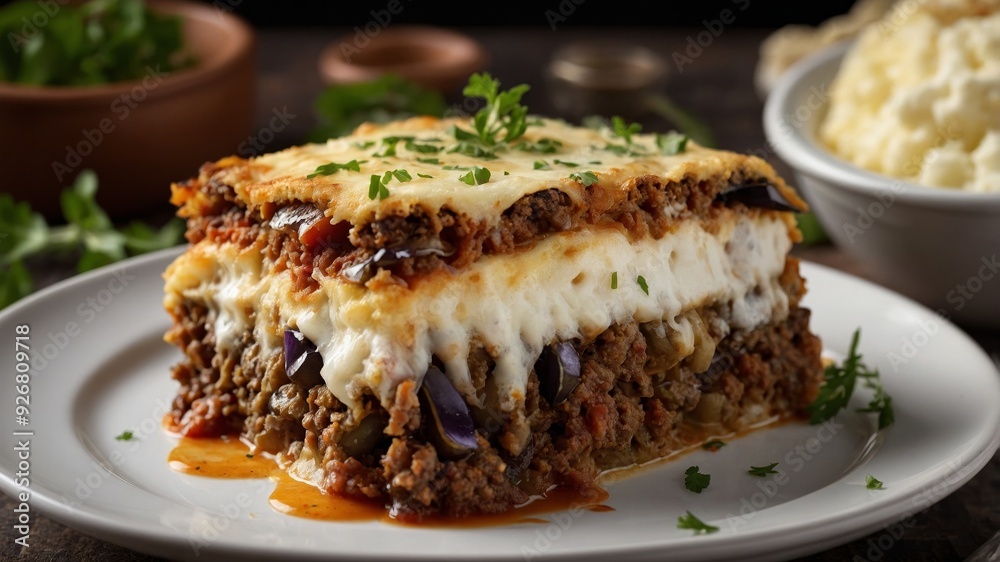 Close-Up of Greek Moussaka with Eggplant and Béchamel Sauce Close-Up of Greek Moussaka with Eggplant and Béchamel Sauce