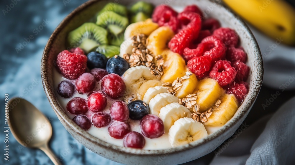 oatmeal on the table with various fruits, healthy eating and lifestyle oatmeal on the table with various fruits, healthy eating and lifestyle