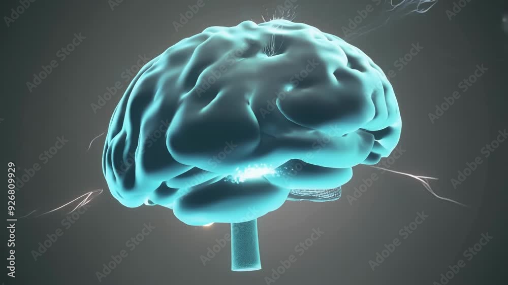 The 3D animation of a rotating brain is brought to life with the addition of sparking neurons glowing and pulsating with energy.