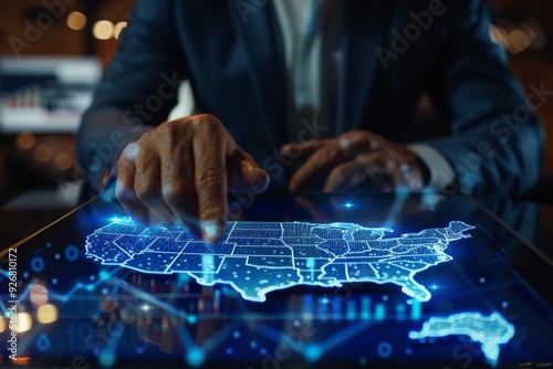 photo capturing a businessman interacting with a 3D interface featuring a map of USA.