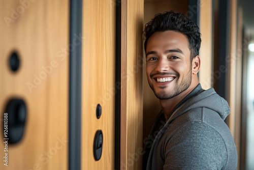 Smiling Man Playfully Posing Next to Wooden Locker, Casual and Cheerful Moment photo