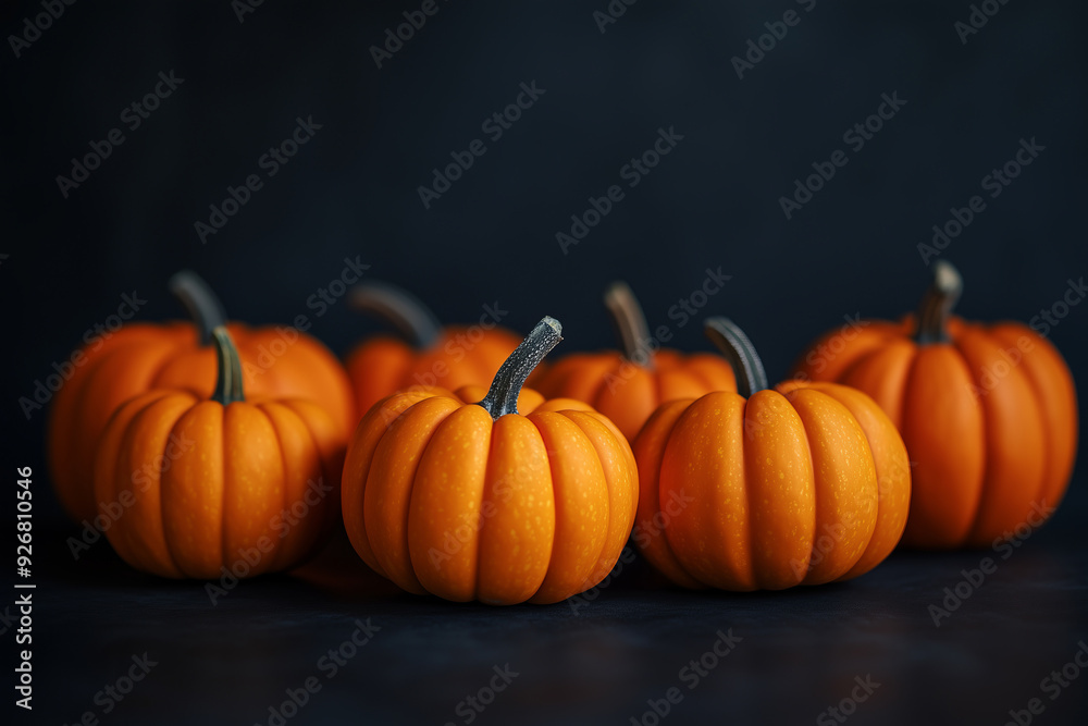 Group of Small Orange Pumpkins Arranged on Dark Surface, Autumn Decor Group of Small Orange Pumpkins Arranged on Dark Surface, Autumn Decor