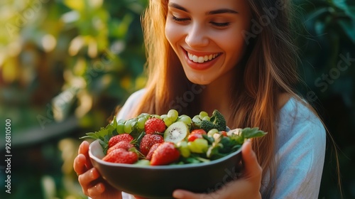beautiful athletic smiling girl holding a plate of fruits in her hands, healthy eating and lifestyle