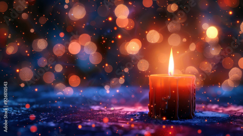 Merry Christmas. Happy New Year. Horizontal banner. Free space for text. Burning candle on festive background, bokeh effect. Holiday concept. Festive background, postcard, poster