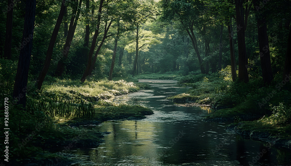 Serene Forest River Winding Peacefully, Serene Forest River Winding Peacefully,