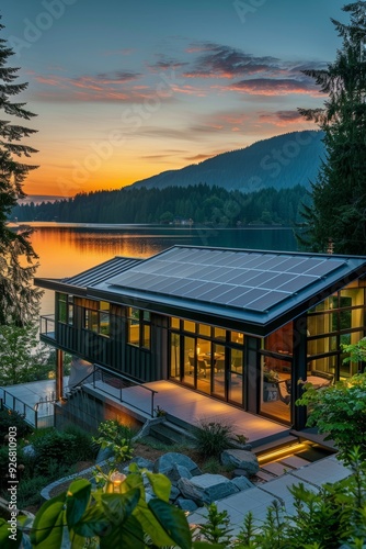 Contemporary container house with solar panels  overlooking a tranquil lake at sunset  emphasizing