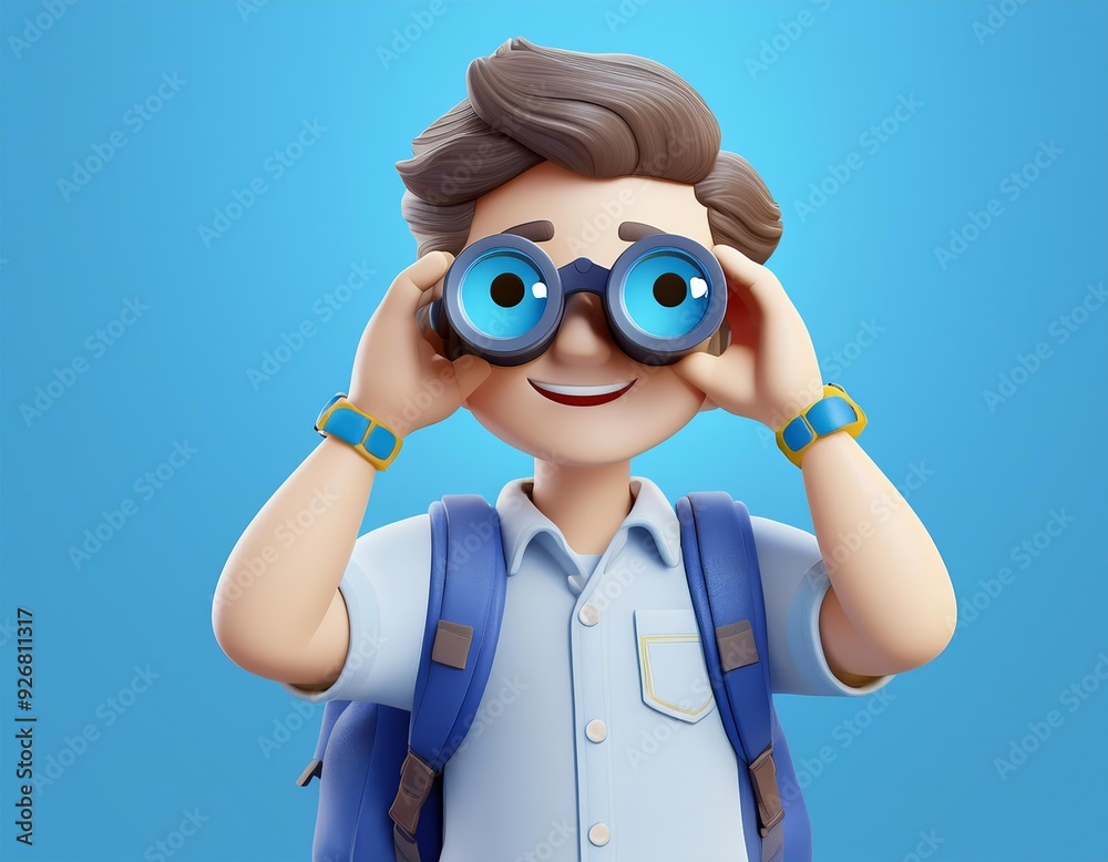 3D cartoon boy with a backpack looks through binoculars with a smile on his face, 3D illustration 3D cartoon boy with a backpack looks through binoculars with a smile on his face, 3D illustration