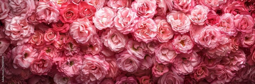 Panoramic view of a large bouquet of pink roses, creating a stunning and vibrant background with Panoramic view of a large bouquet of pink roses, creating a stunning and vibrant background with