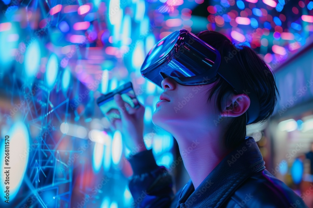 Person deeply immersed in Metaverse virtual world via smartphone, showcasing Blockchain Technology Person deeply immersed in Metaverse virtual world via smartphone, showcasing Blockchain Technology