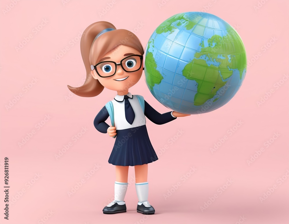 Fototapeta premium 3D young school girl with glasses holds a globe in front of her, 3D illustration
