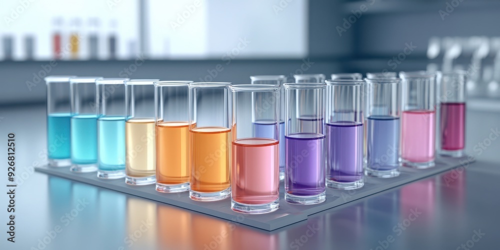 Colorful test tubes filled with liquids in a laboratory setting showcase a vibrant array of chemical solutions and experiments.