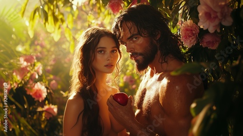 Eve giving Adam the forbidden fruit.