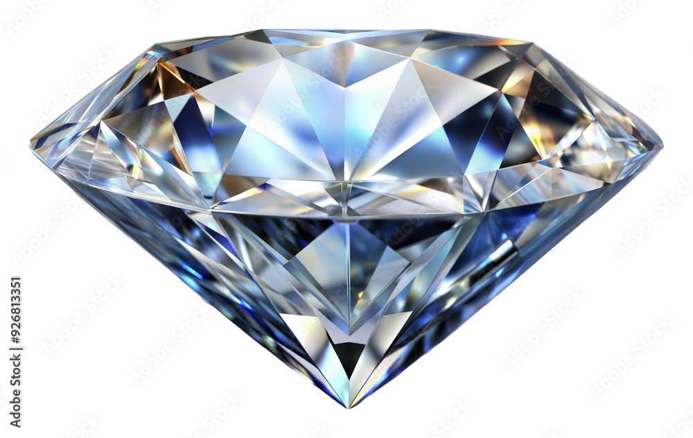 Close-up of a brilliant cut diamond with vibrant reflections isolated on transparent background