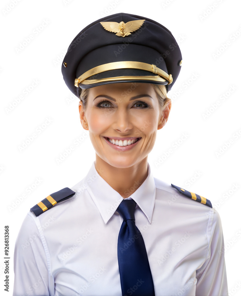Smiling female pilot wearing uniform and hat with gold insignia isolated on transparent background Smiling female pilot wearing uniform and hat with gold insignia isolated on transparent background