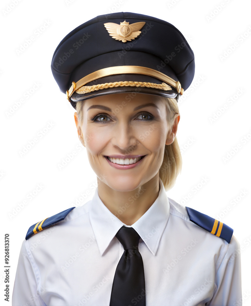Smiling female pilot wearing uniform and hat with gold insignia isolated on transparent background Smiling female pilot wearing uniform and hat with gold insignia isolated on transparent background
